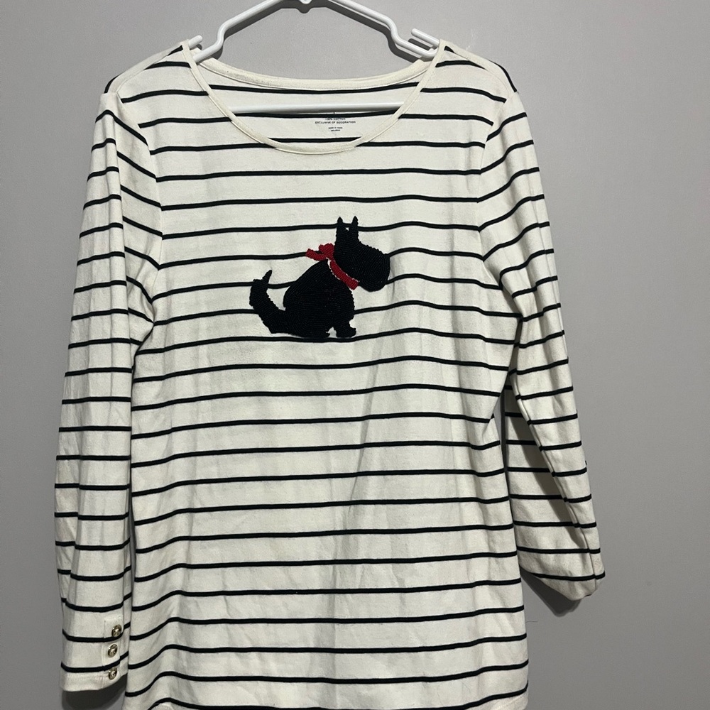 Women’s Charter Club Striped‎ W/Beaded Scottish Terrier Top Long Sleeve Large